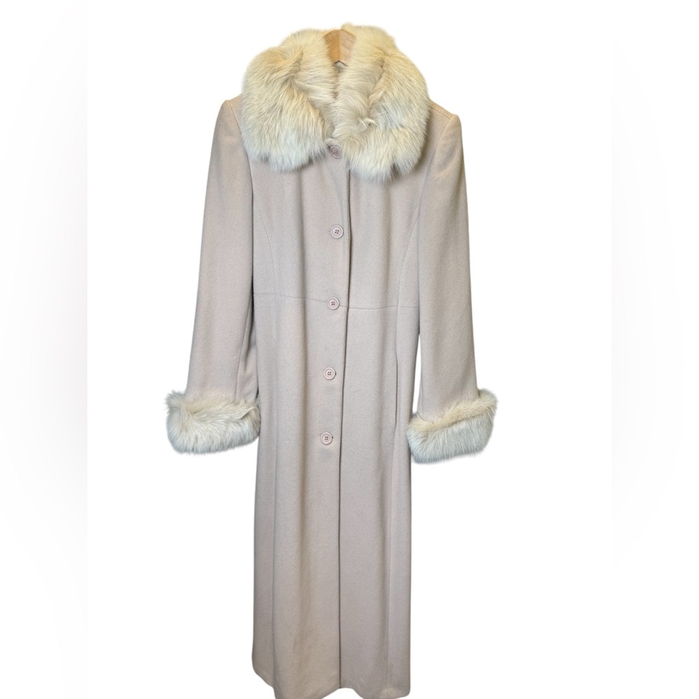 Marvin Richards Cream Wool Coat‎ Peach Satin Lined Jacket with fox fur trim